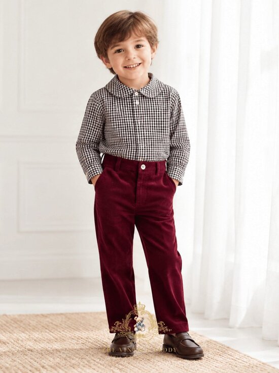 Other - NWT Handsome Boys Long Sleeve Dress Shirt & Pants Fall Gingham Burgundy/Navy 4T